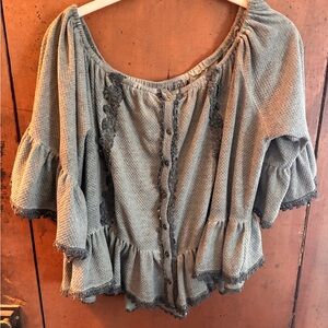 POL Gray Ruffled Blouse with Lace Trim